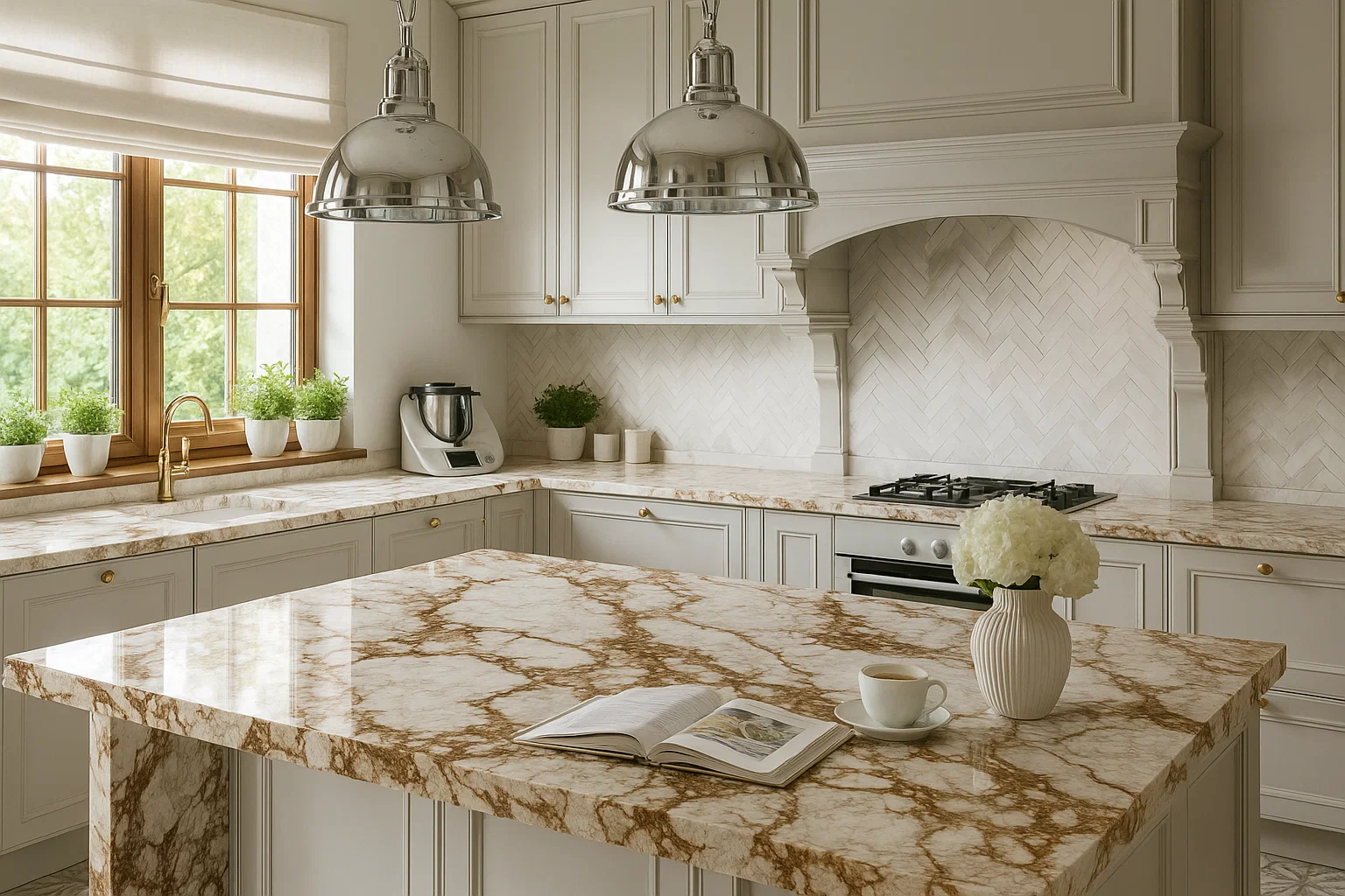 Florim Marble Capraia küchenarbeitsplatte aus Keramik nach Maß, Golden, Weiß – Matt