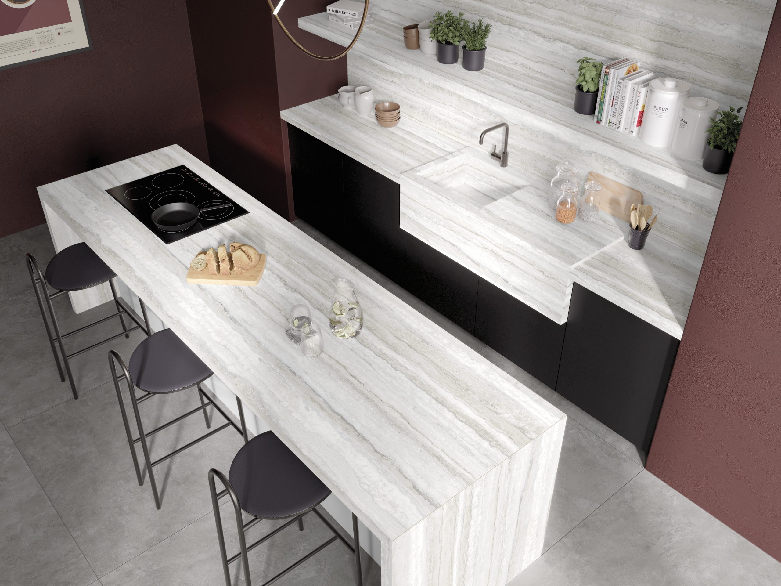 Großkeramikplatten 320 x 160 cm Franko Travertino Bianco für Arbeitsplatte und Verkleidung