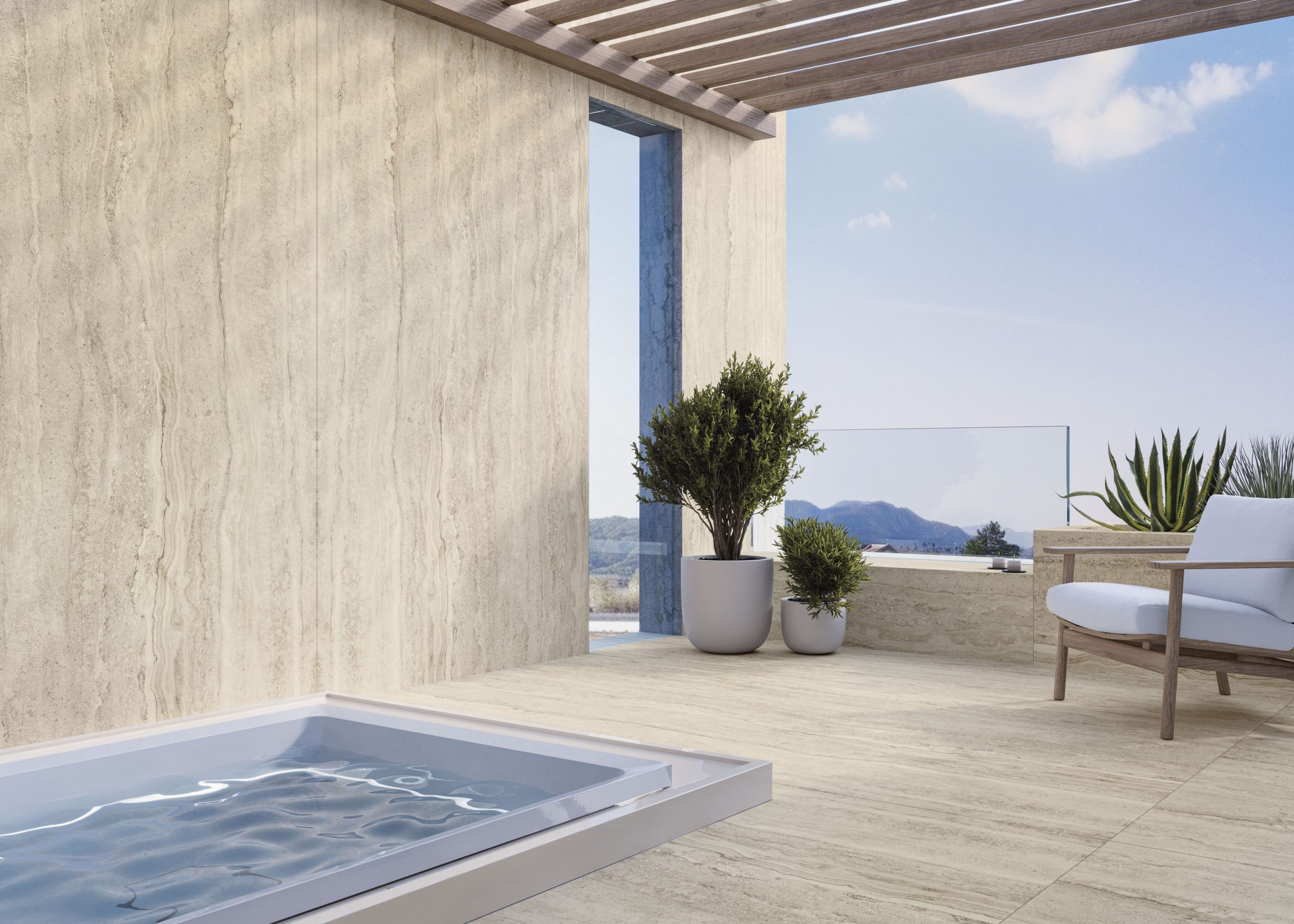 Großkeramikplatten 320 x 160 cm Franko Travertino Sand für Arbeitsplatte und Verkleidung