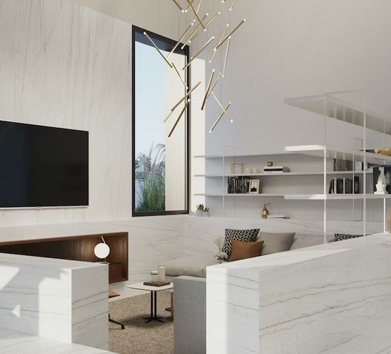 Küchenrückwand (Spritzschutz) aus Keramikplatte Dekton Limbo – Poliert