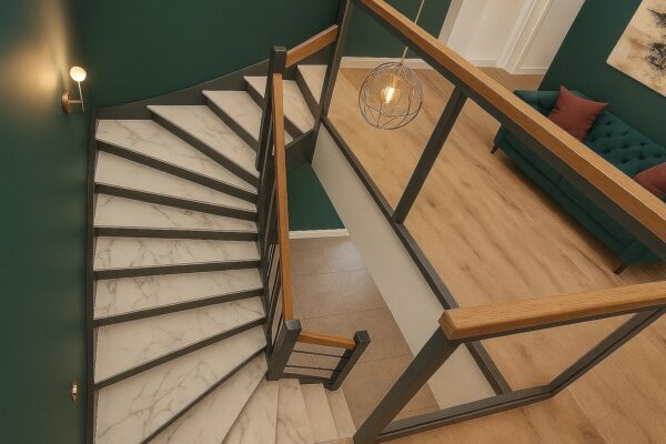 Einläufige Treppe halbgewendelt nach Maß aus Keramik Franko – individuell geplant und gefertigt