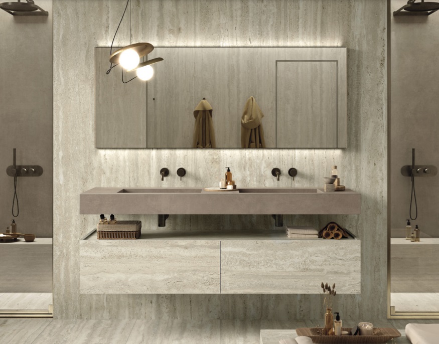 Großformatfliese Mirage Elysian Travertino Light 120x278cm 6 mm