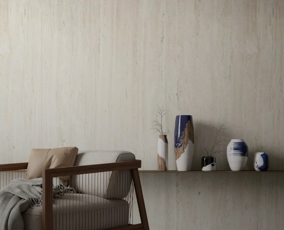 Großformatfliese Mirage Elysian Travertino Pearly 120x278cm 6 mm