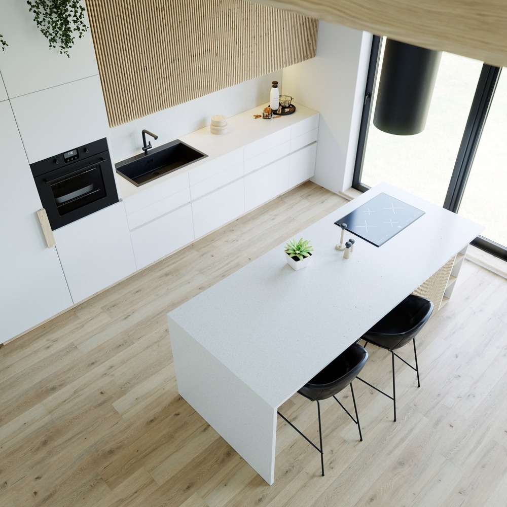 Technistone Starlight White Küchenarbeitsplatte aus Konglomerat nach Maß, Weiß – Matt