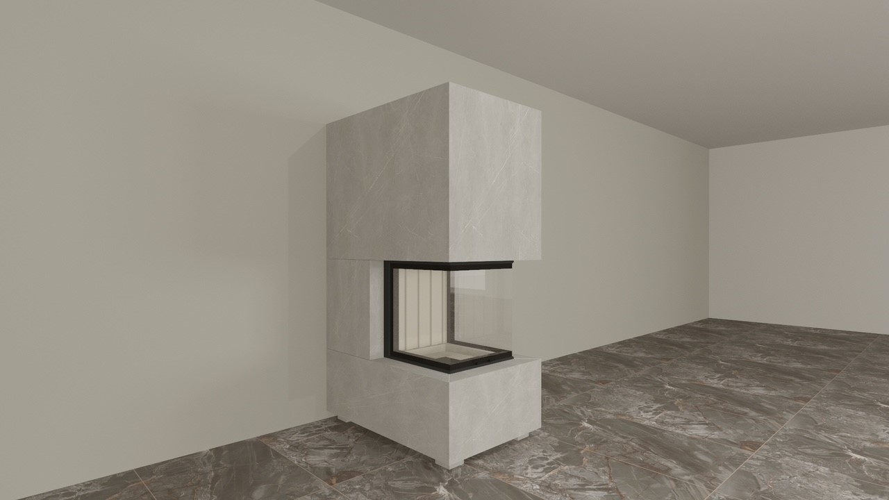 Panorama Kamin mit wärmestrahlenden Keramik-Großformatplatten - NIKO WARM-PREMIUM NWP-1, komplett, individuell angepasst
