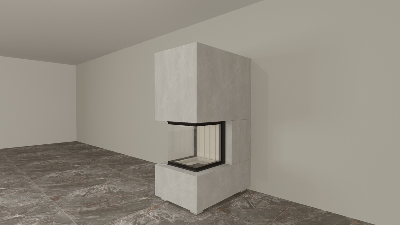 Panorama Kamin mit wärmestrahlenden Keramik-Großformatplatten - NIKO WARM-PREMIUM NWP-1, komplett, individuell angepasst