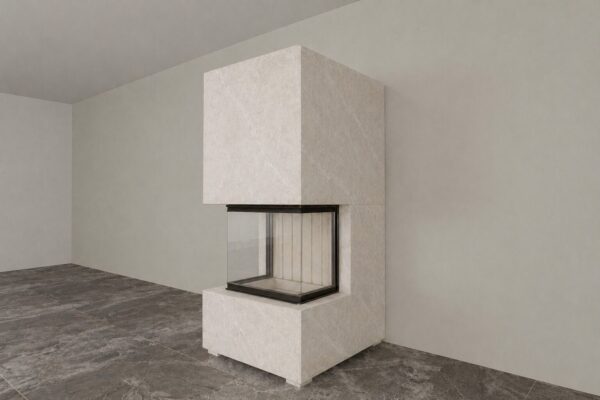 Panorama Kamin mit Spartherm Lean 3RL-70h RLA und wärmestrahlenden Keramik-Großformatplatten - NIKO WARM-PREMIUM NWP-6, komplett, individuell angepasst