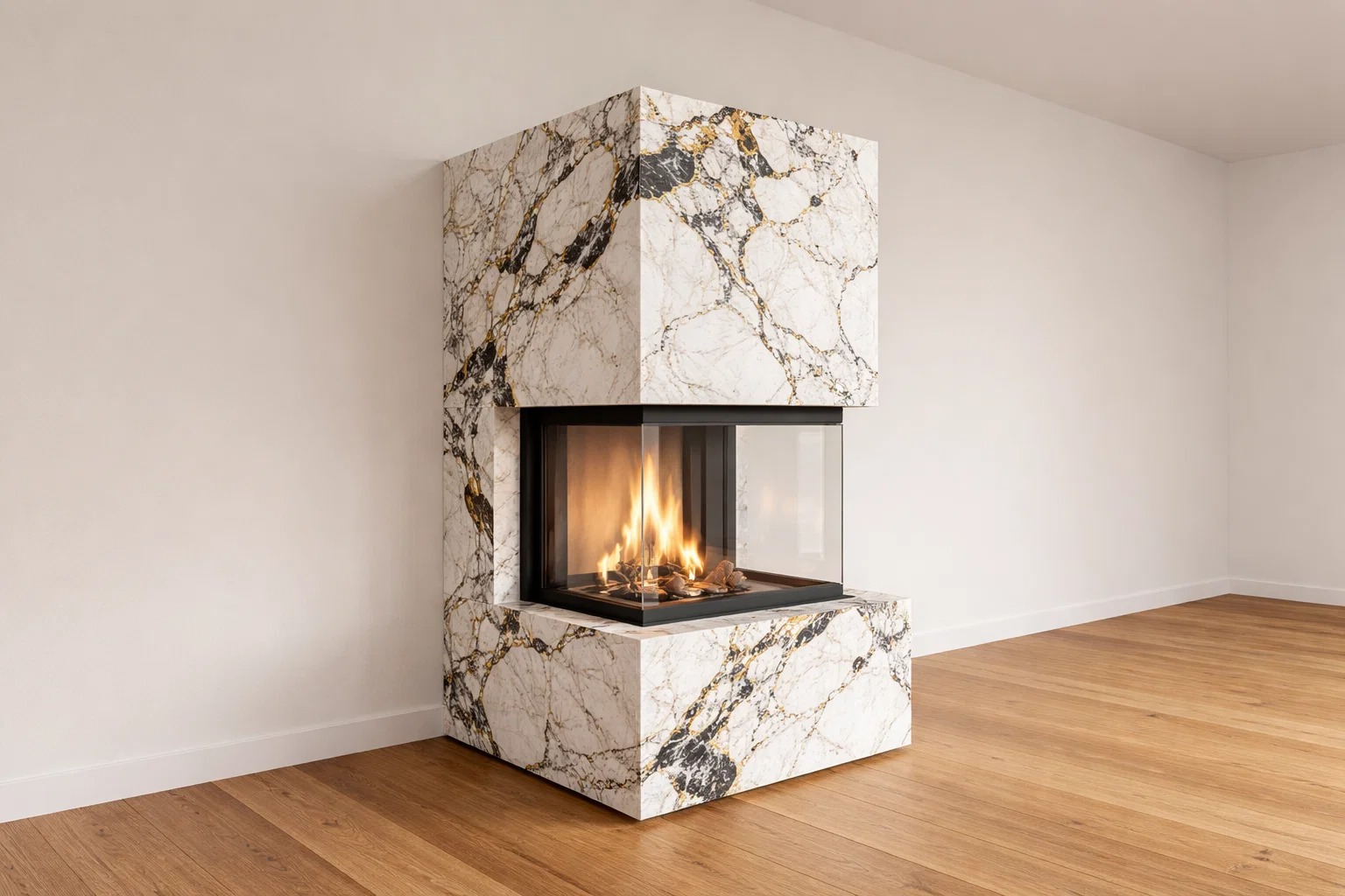Panorama Kamin mit wärmestrahlenden Keramik-Großformatplatten - NIKO WARM-PREMIUM NWP-1, komplett, individuell angepasst