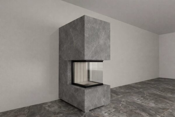 Panorama Kamin mit wärmestrahlenden Keramik-Großformatplatten - NIKO WARM-PREMIUM NWP-3, komplett, individuell angepasst
