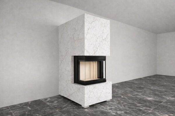 Panorama Kamin mit wärmestrahlenden Keramik-Großformatplatten - NIKO WARM-PREMIUM NWP-4, komplett, individuell angepasst